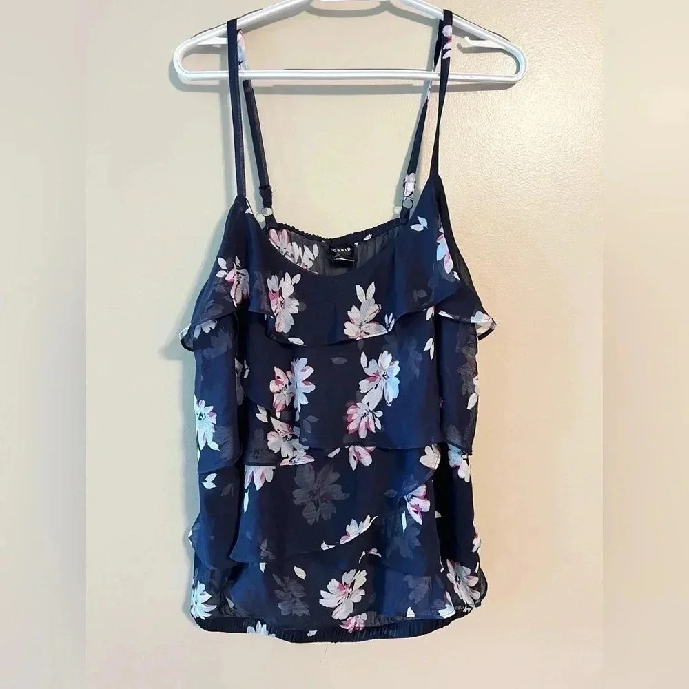 Torrid Ruffle Fairy Whimsy Tiered Cami Blue Floral Size 1 1X‎ XL Blouse